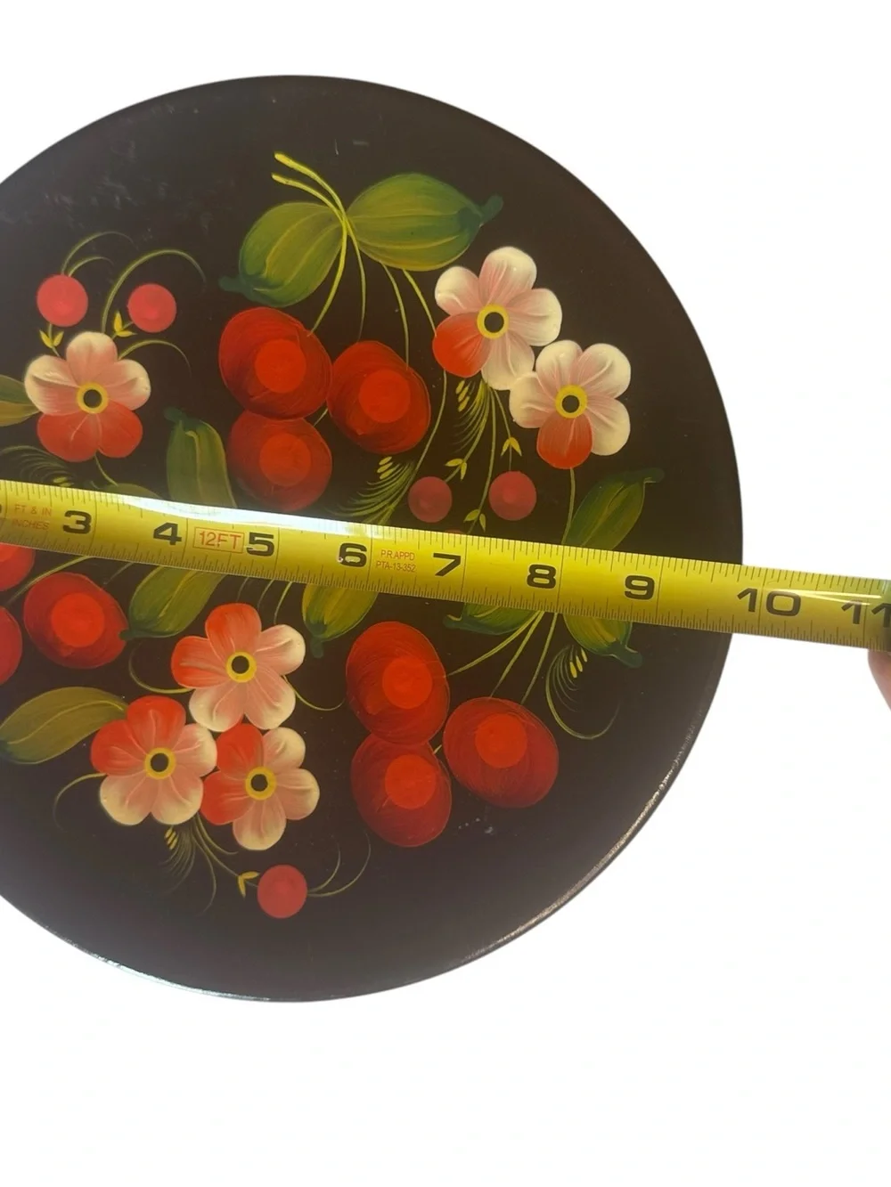 Hand Painted Wooden Floral Wall Plate Folk Art Black Red Flowers 10.5” Decor